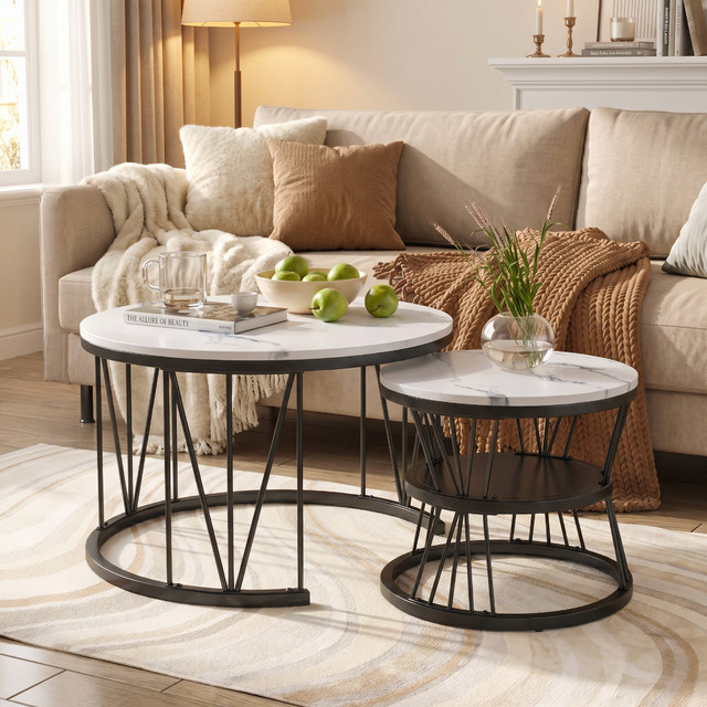 Anajqaqia 2-teiliges Couchtisch-Set mit rundem Couchtisch und Beistelltisch in Nesting-Optik, goldener Metallrahmen und offener Ablage für dein Wohnzimmer - Bild 1
