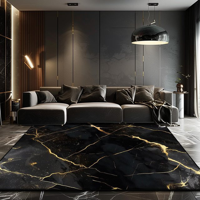 Wucifang Jewelry Teppich in Schwarz und Gold mit Marmor-Design, weich und flauschig, Antirutsch-Teppich aus Polyester, Breite: 60 cm, Länge: 90 cm - Bild 1