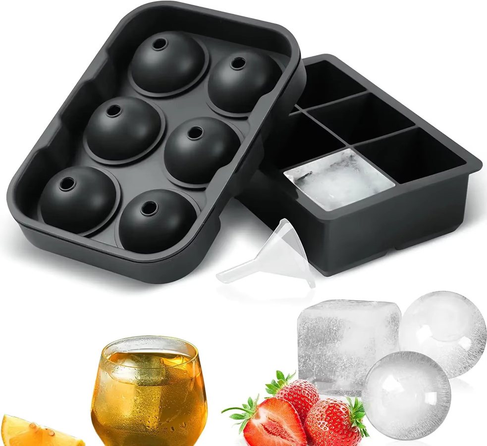 ATWFS 3er Set Silikon Eiswürfelformen für Whisky, runde Eiskugeln und quadratische Eiswürfel, Schwarz - Bild 1