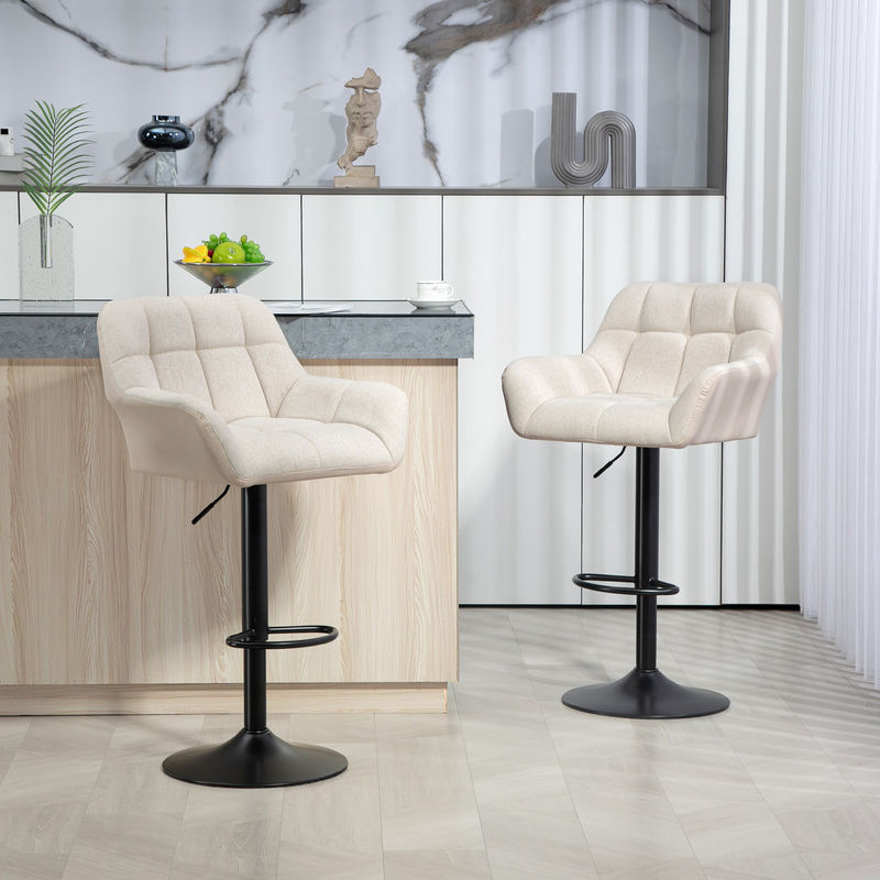 HOMCOM 2er-Set Barhocker aus Kunstleder und Stoff in Creme, höhenverstellbare Barstühle mit 360 Grad Drehsitz, Lehne und Fußstütze im Retro-Design, B/T/H: 57,5 x 52,5 x 93-114 cm - Bild 2