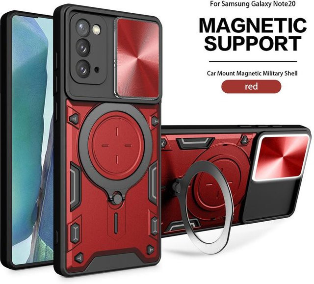 Stoßfeste Panzerhülle für Samsung Galaxy Note20 und Note 20 Ultra mit magnetischem Metallring und Schiebe-Kameraschutz in Rot - Bild 1