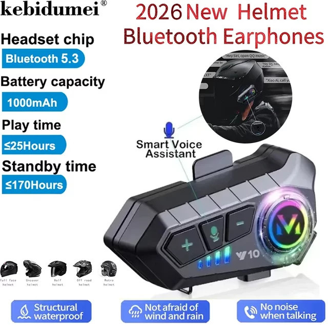 Kebidumei Y10 Bluetooth 5.3 Helm-Headset Schwarz – Wasserdichtes kabelloses Freisprechsystem für Motorräder mit Musikplayer und Lautsprecher - Bild 1