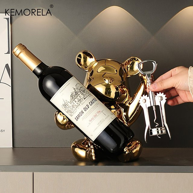 KEMORELA Keramik Weinregal mit Flaschenöffner in Cartoon-Design als dekoratives Tischregal für Küche und Bar in Gold oder Silber - Bild 1