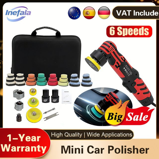 Podofo Mini Autopolierer 12V Rot Kabellose Multifunktions-Poliermaschine mit 6 Geschwindigkeiten und 3 Aufsätzen - Bild 1