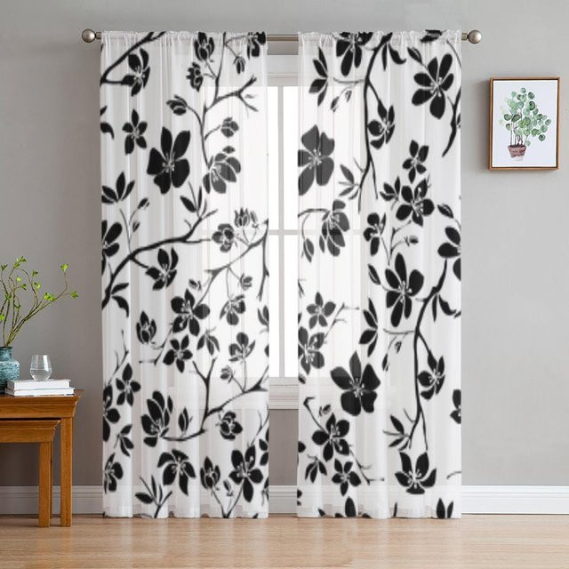 A Family Of Home Textiles Transparente Chiffon-Vorhänge mit Kirschblüten-Design, Weiß, B: 135 cm, H: 160 cm - Bild 1
