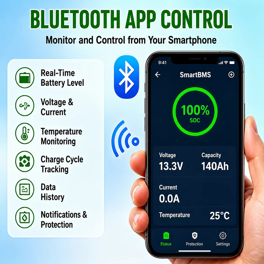 SYPOOE LiFePO4 Batteriepack 12V mit Bluetooth BMS und USB-C Anschluss, IP65 wassergeschützt, grün - Bild 7