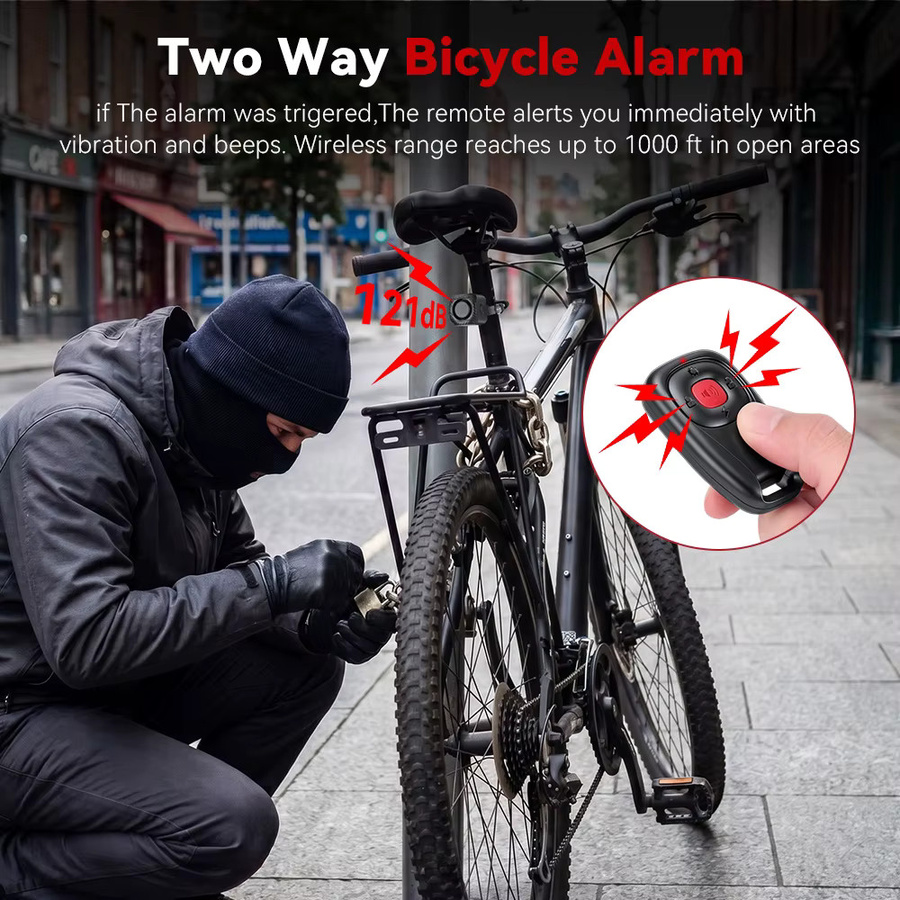 WSDCAM Zwei-Wege-Fahrrad-Diebstahlalarm mit Vibrationsauslösung, 121dB Sirene, Fernbedienung und Ortungsfunktion für E-Bike, Roller und Motorrad, Schwarz - Bild 3