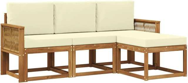 vidaXL Outdoor-Sofagarnitur L-Form aus Akazienholz mit Kissen in Creme und Natur - Bild 1