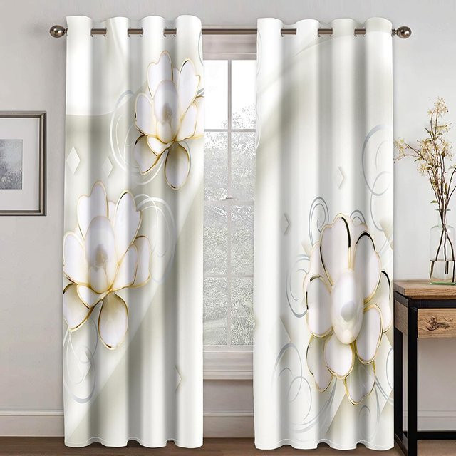 Zweiteiliges Vorhangset mit Blumenmuster in Weiß, halbtransparent, modern und elegant für Wohnzimmer, Schlafzimmer oder Küche, B: 70 cm, H: 165 cm - Bild 1