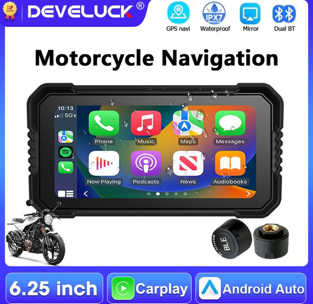 Develuck Motorrad-GPS-Navigation mit 6,25-Zoll-Touchscreen, kabelloses CarPlay und Android Auto, Bluetooth 5.0, Fahrtenschreiber und IPX7 wasserdicht, Schwarz - Bild 1