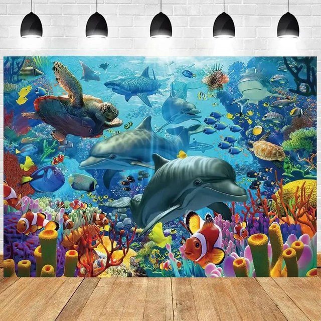 Wandteppich Unterwasserwelt Meeresboden mit Delfinen, Korallen und Fischen in Blau von JMG Household Supplies, B: 85 cm, H: 75 cm - Bild 1