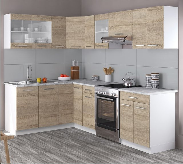 Vicco Küchenzeile R-Line Eckküche in Sonoma Eiche und Weiß mit Marmor-Optik, Breite: 250 cm - Bild 1