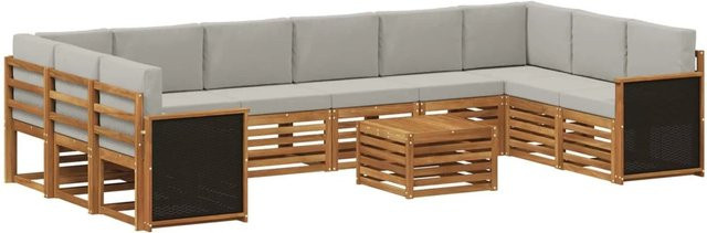 vidaXL Outdoor-Sofagarnitur L-Form aus Akazienholz mit 8 Kissen in Natur und Hellgrau - Bild 1