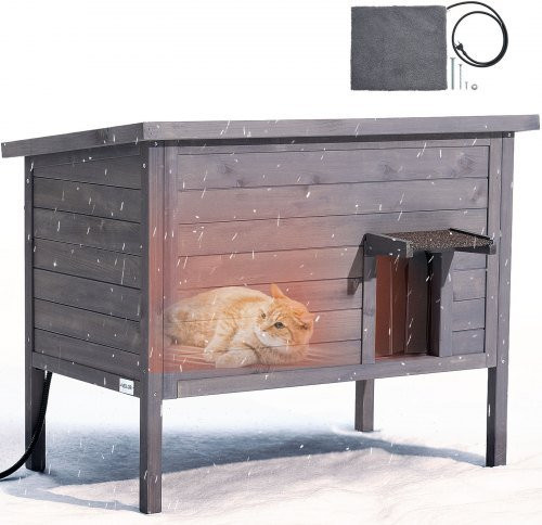VEVOR Beheizbares Katzenhaus aus Tannenholz, isoliertes und wetterfestes Katzenhaus für den Außenbereich mit Heizmatte und abnehmbarem Asphalt-Dach, B/T/H: 87 x 53,5 x 69 cm - Bild 1