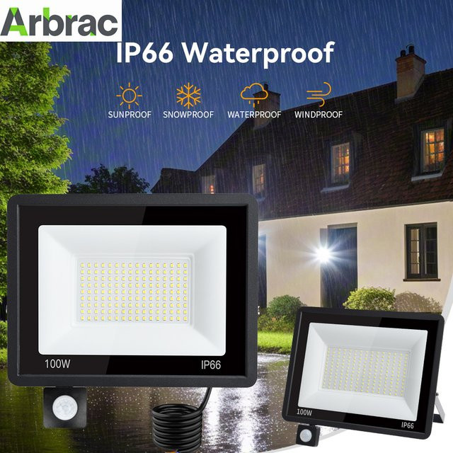 Arbrac LED Flutlicht mit PIR-Bewegungssensor für den Außenbereich, IP66 wasserdichter Außenstrahler in Schwarz, Kaltweißes Licht, Aluminiumgehäuse - Bild 1