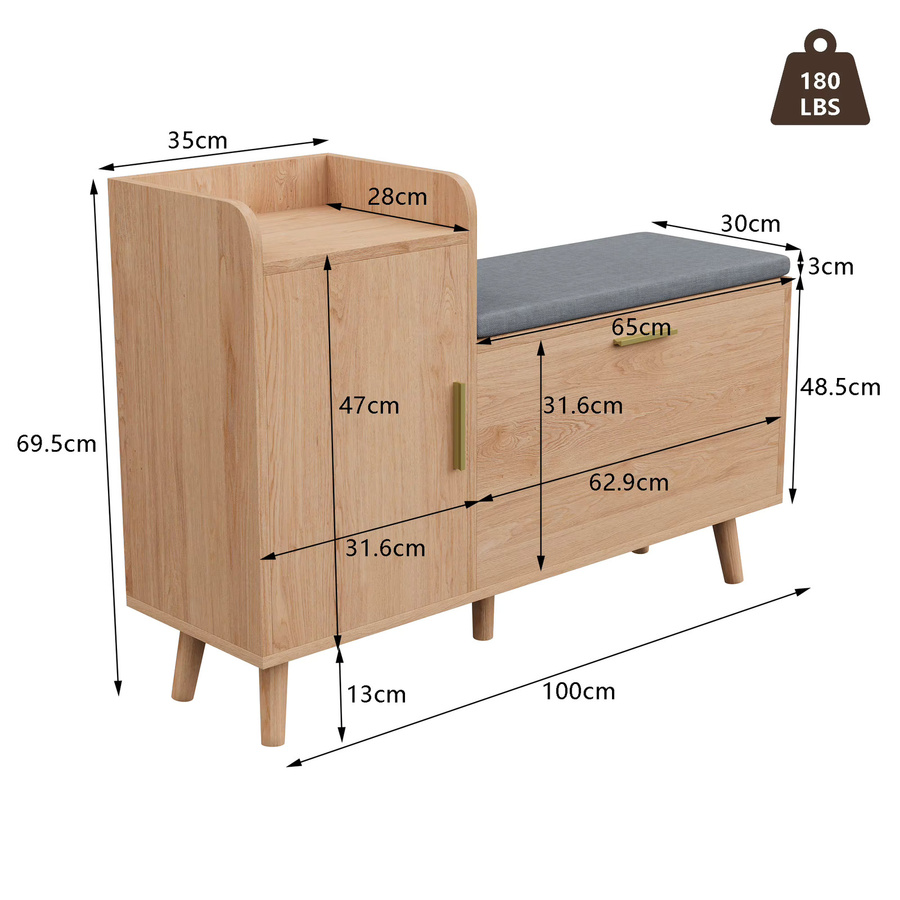 Superaly Schuhschrank mit aufklappbarer Tür und gepolsterter Sitzbank auf der rechten Seite in Braun und Beige - Bild 2