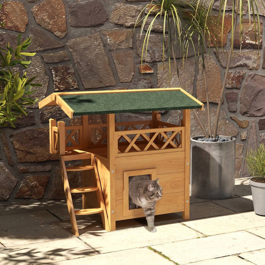 PawHut Katzenhaus aus Tannenholz mit Asphaltdach in Natur, 2-stöckige Katzenhütte mit Balkon, B/T/H: 77 x 50 x 73 cm - Bild 7