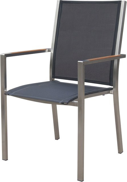 OUTFLEXX Stapelsessel aus Teak, Edelstahl und Textilene in Schwarz, B/T/H: 63 x 57 x 93 cm - Bild 1