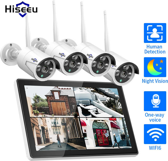 Hiseeu WLAN Überwachungskamera Set mit 10.1 Zoll Monitor, 3/5MP IP-Kameras Outdoor, wasserdicht, Farbe: Weiß - Bild 1