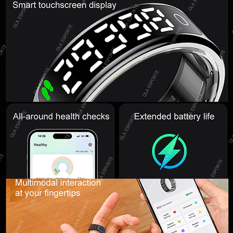 Ola Esporte Smartring in Schwarz mit Display und Touchscreen zur Herzfrequenz-, Blutsauerstoff- und Schlafüberwachung sowie Schrittzähler, wasserdicht und Unisex - Bild 2