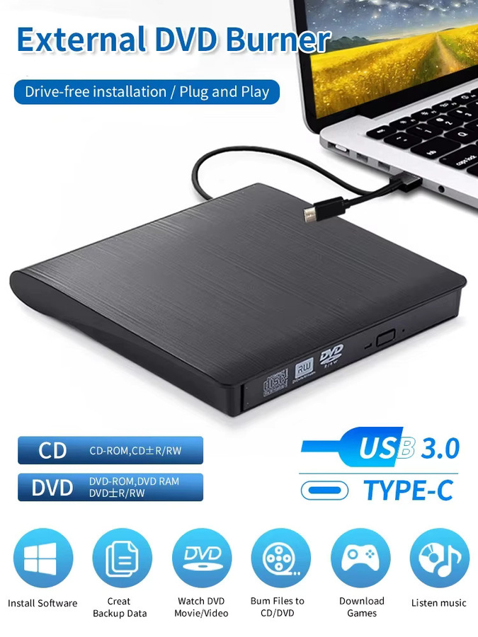GGBEE Externes 2-in-1 Optisches Laufwerk mit USB-C und USB 3.0, Tragbarer DVD-Brenner und CD-RW Recorder in Schwarz - Bild 6