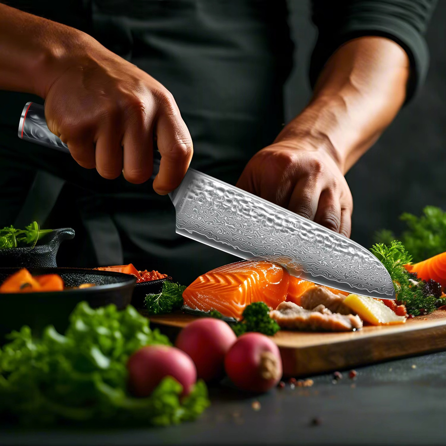 SAEIV Santoku-Messer aus Damaststahl mit Marmormuster und ergonomischem Griff - Bild 8