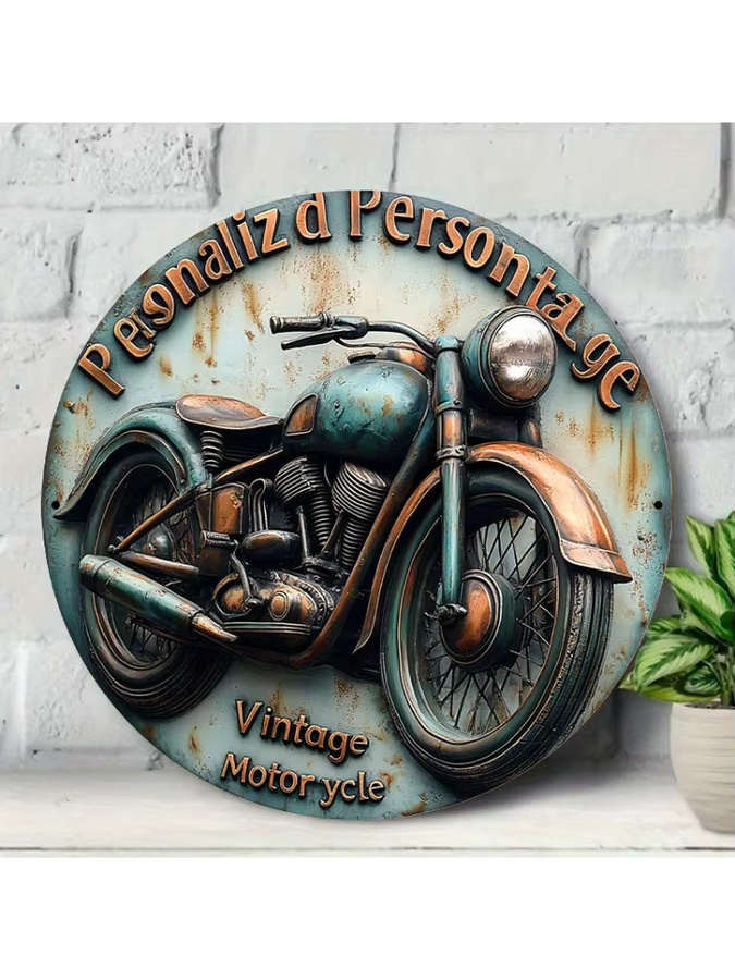 HELLOYOUNG Vintage Motorrad Wandschild aus Metall, Rundes Aluminium-Deko-Schild in Grün und Kupfer, Durchmesser: 20 cm - Bild 4