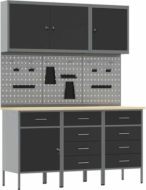 vidaXL Werkbank mit 8 Schubladen und Pegboard aus Holz und Stahl, Schwarz, B: 200 cm, H: 150 cm, T: 55 cm - Bild 1