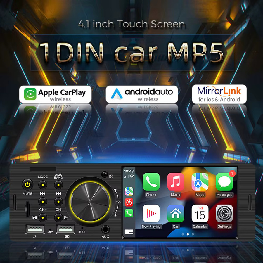 NaviFly 1Din Autoradio mit 4,1 Zoll Display, Wireless und Wired Carplay, Android Auto, Bluetooth, USB und FM Stereo in Schwarz - Bild 2
