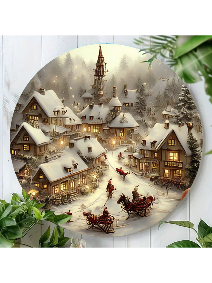 Potdemiel Rundes Metallschild Vintage Weihnachtspferd und Winterlandschaft, Durchmesser: 20 cm, Mehrfarbig - Bild 5