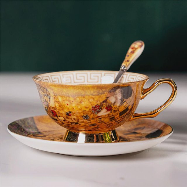 Yiran Furniture Kaffeeservice Gustav Klimt Kuss aus Knochenporzellan mit Golddekor, Set bestehend aus Teekanne, Milchkännchen, Zuckerdose, Teetasse und Untertasse - Bild 1