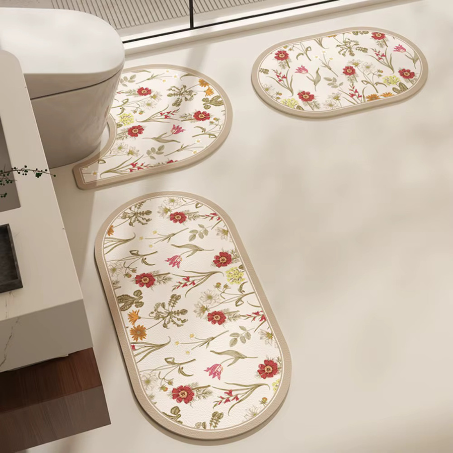 VIKAMA Badezimmer-Teppich-Set mit nordischem Blumenmuster, hochsaugfähig, schmutzabweisend und rutschfest - Bild 1