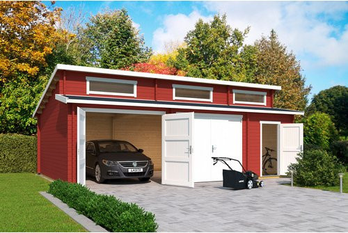 Blockgarage LASITA MAJA Hawaii in Schwedenrot mit Holztoren und separatem Abstellraum, B/T: 820 x 579,6 cm - Bild 1