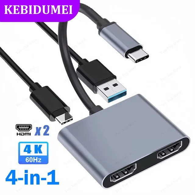 Kebidumei 4-in-1 USB-C Dockingstation mit Dual HDMI 4K@60Hz und USB 3.0 HUB als Typ-C-auf-HDMI-Adapter und OTG-Splitter für Laptop und MacBook - Bild 1