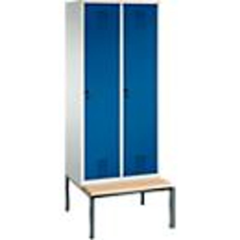 C + P Garderobenspind Evolo S 3000 aus Stahl mit integrierter Sitzbank, 2 Abteile mit Breite: 40 cm pro Fach, Sicherheitsdrehriegelverschluss, Farbe: lichtgrau RAL 7035 und enzianblau RAL 5010 - Bild 2