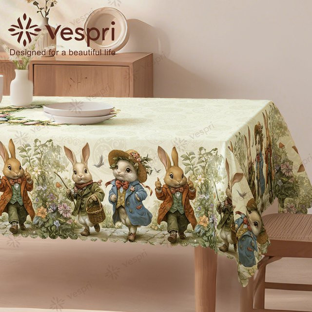 Vespri Oster-Tischdecke mit Blumen und Hasen Motiv in Weiß und Grün für Rundtische im Landhausstil - Bild 1