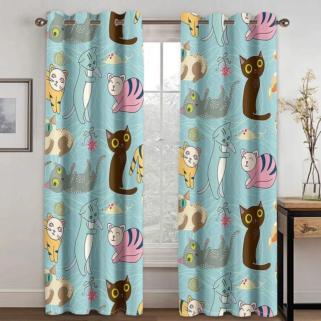Yiran Furniture Verdunkelungsvorhang mit 3D Cartoon Katze Motiv, Mehrfarbig, Breite: 55 cm, Höhe: 120 cm - Bild 1