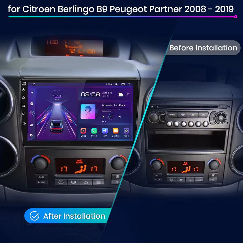 Junsun Android Auto Autoradio mit Wireless CarPlay, GPS und Bluetooth für Citroen Berlingo B9 und Peugeot Partner 2008-2019, Schwarz - Bild 2