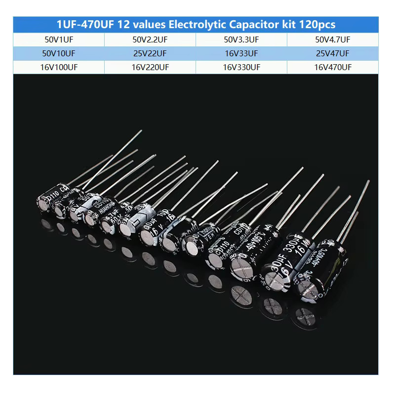 YTDMEN Elektrolytkondensator-Kit mit 12 Werten von 1 uF bis 470 uF, 120 Stück DIP-Aluminium-Elektrolytkondensatoren in Schwarz - Bild 2
