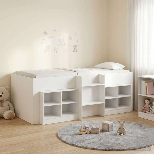 Hochbett Yiwydaa mit Stauraumschrank und Regal in Weiß aus MDF - Bild 1