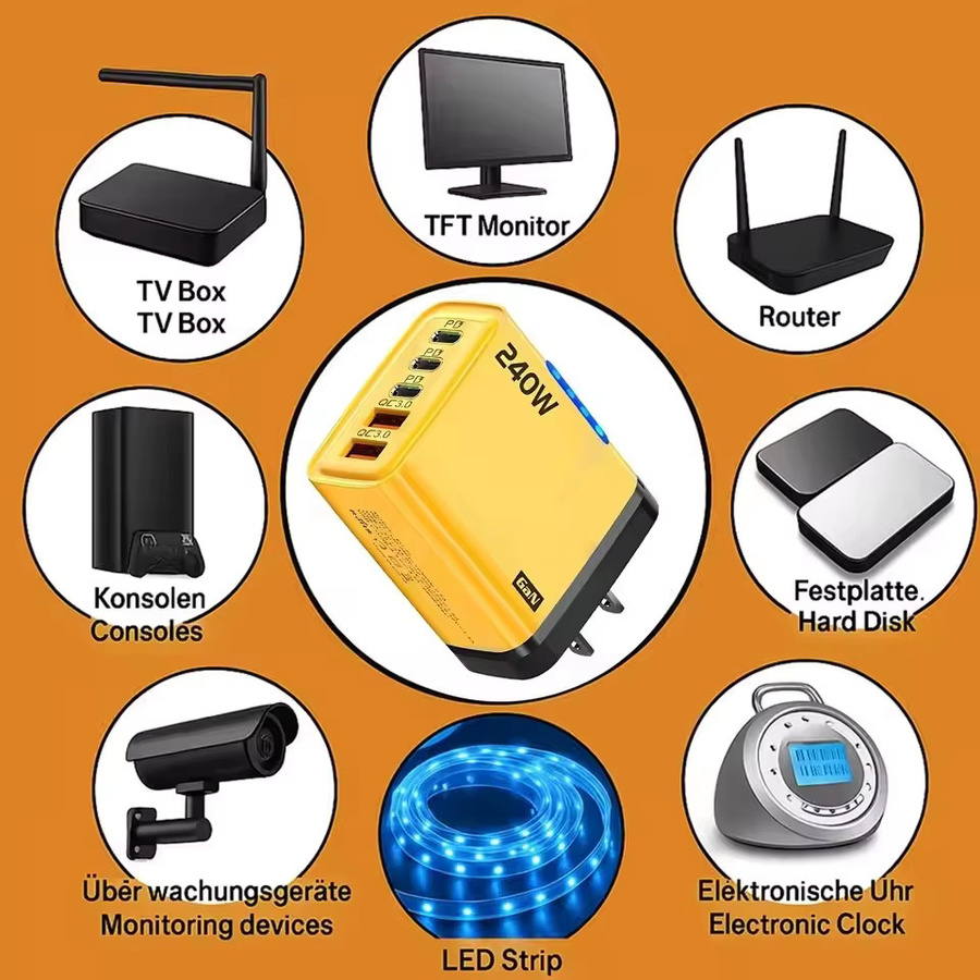 240W 5-in-1 GaN Desktop-Ladegerät mit 3 USB-C und 2 USB Anschlüssen inklusive 10A USB auf Typ-C Kabel für iPhone, Huawei und Xiaomi - Bild 6