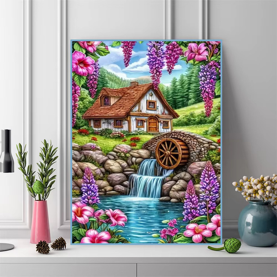 Momoart 5D-Diamantgemälde zum Selbermachen Hauslandschaft mit Fluss, rund, mehrfarbig, Durchmesser: 20,0 cm - Bild 3