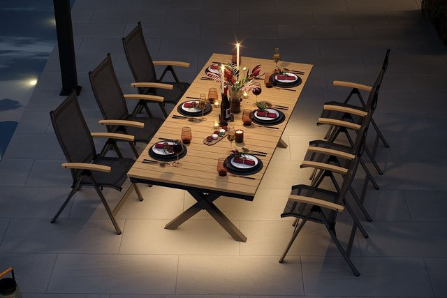 OUTFLEXX Luminara Garten-Essgruppe mit LED-Beleuchtung, anthrazit matt, Tisch und 6 Klappstühle aus Aluminium, Textil und Holzimitat, B: 240 cm, H: 103 cm, T: 107 cm - Bild 1