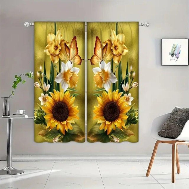 Halbverdunkelnde Sonnenblumen Vorhänge mit Ösenaufhängung in Gelb, 2er-Set mit Blumenmuster für Wohnzimmer und Schlafzimmer, Breite: 50 cm, Höhe: 160 cm - Bild 1