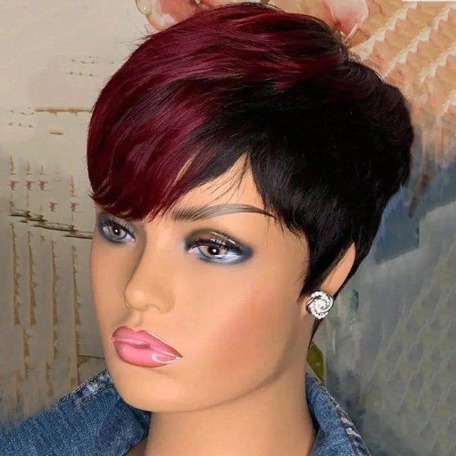 XRANB Synthetik-Perücke, Pixie-Schnitt, gewellt, Burgund 99J/Naturschwarz - Bild 1