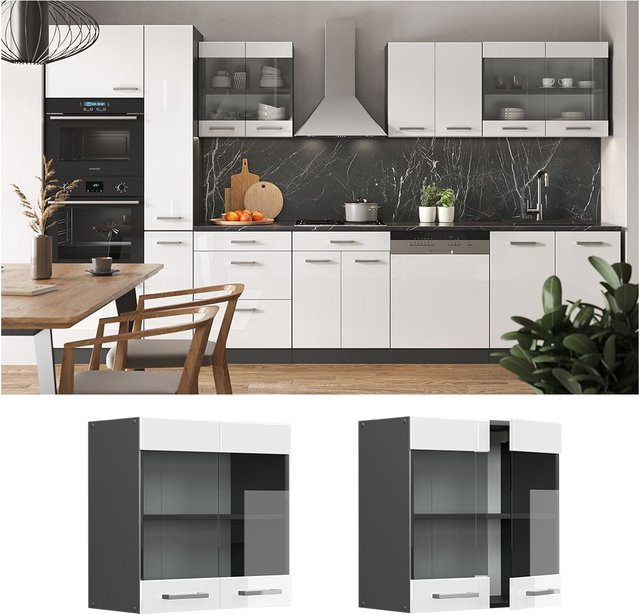 Vicco R-Line Küchen-Hängeglasschrank in Weiß Hochglanz und Anthrazit mit Glastüren, Breite: 60 cm - Bild 1