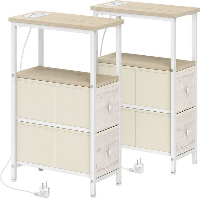 HOMCOM 2er-Set Beistelltische in Natur mit Steckdose, USB- und USB-C-Anschluss, 2 Stoffschubladen und offener Ablage für Wohnzimmer und Schlafzimmer - Bild 1