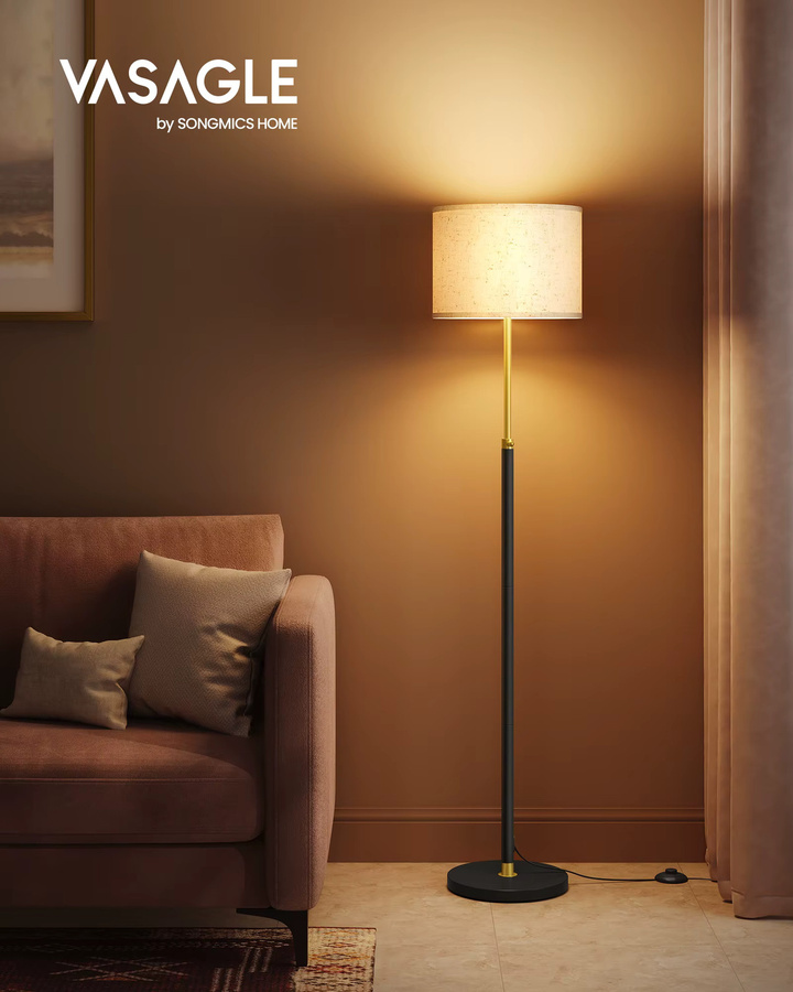 VASAGLE Stehleuchte in Gold-Schwarz mit beige Stoffschirm, höhenverstellbare Leselampe mit Fußtaster und modernem Design - Bild 3