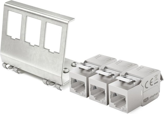 hb-digital 3-Port Hutschienenadapter mit CAT 6a Keystone Modul RJ45 in Silber für Ethernet LAN - Bild 1