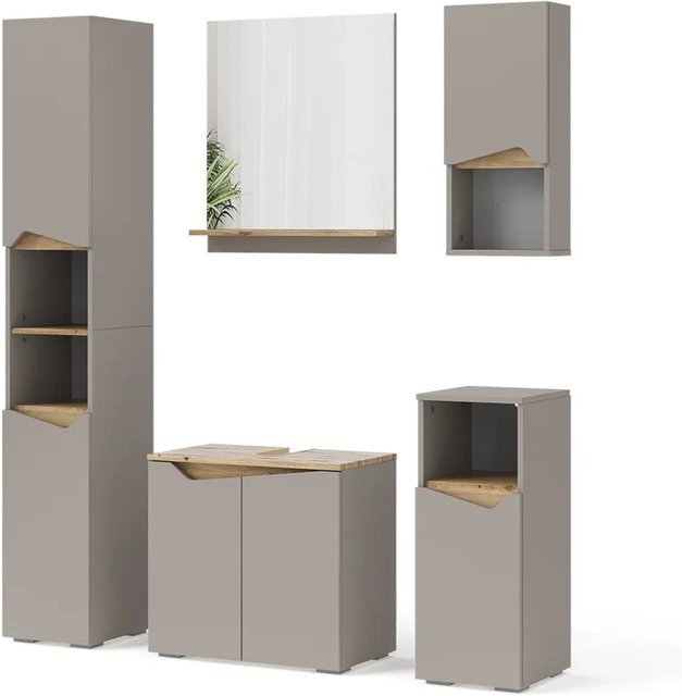 Vicco Badmöbel-Set Marelle in Greige und Eiche, 5-teilige Badezimmer-Kombination mit Badspiegel und Waschtischunterschrank - Bild 2